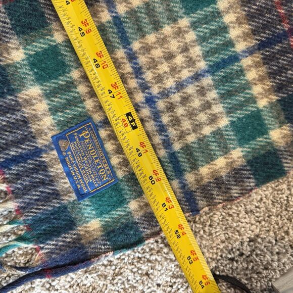 Vintage Pendleton Green Plaid 4” Fringe Made In USA Virgin Wool Blanket 69x52 in - Picture 4 of 8
